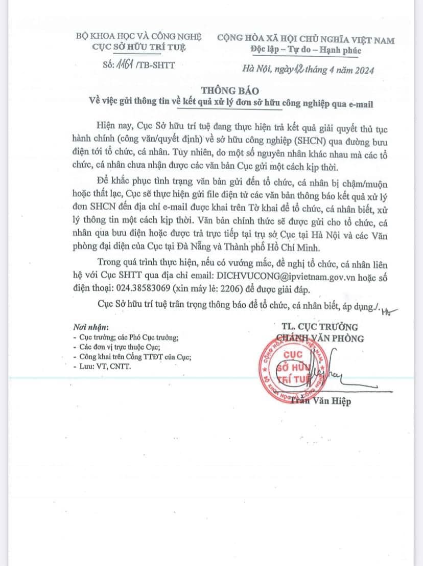 THÔNG BÁO VỀ VIỆC GỬI THÔNG TIN VỀ KẾT QỦA XỬ LÍ ĐƠN SỞ HỮU CÔNG NGHIỆP QUA EMAIL 4 441927891 122174148650023690 6488750590061356281 n